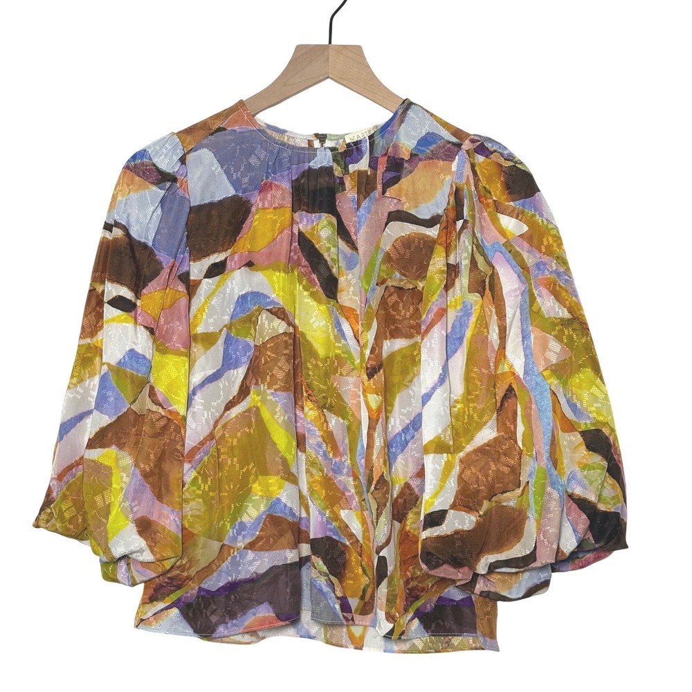 Marie Oliver Blouse Multi Color Abstract Silk Blend Puff Sleeve Small